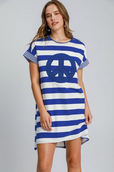 Umgee Peace Applique Striped Short Sleeve Mini Dress White Stag Clothing Umgee Peace Applique Striped Short Sleeve Mini Dress White Stag Clothing