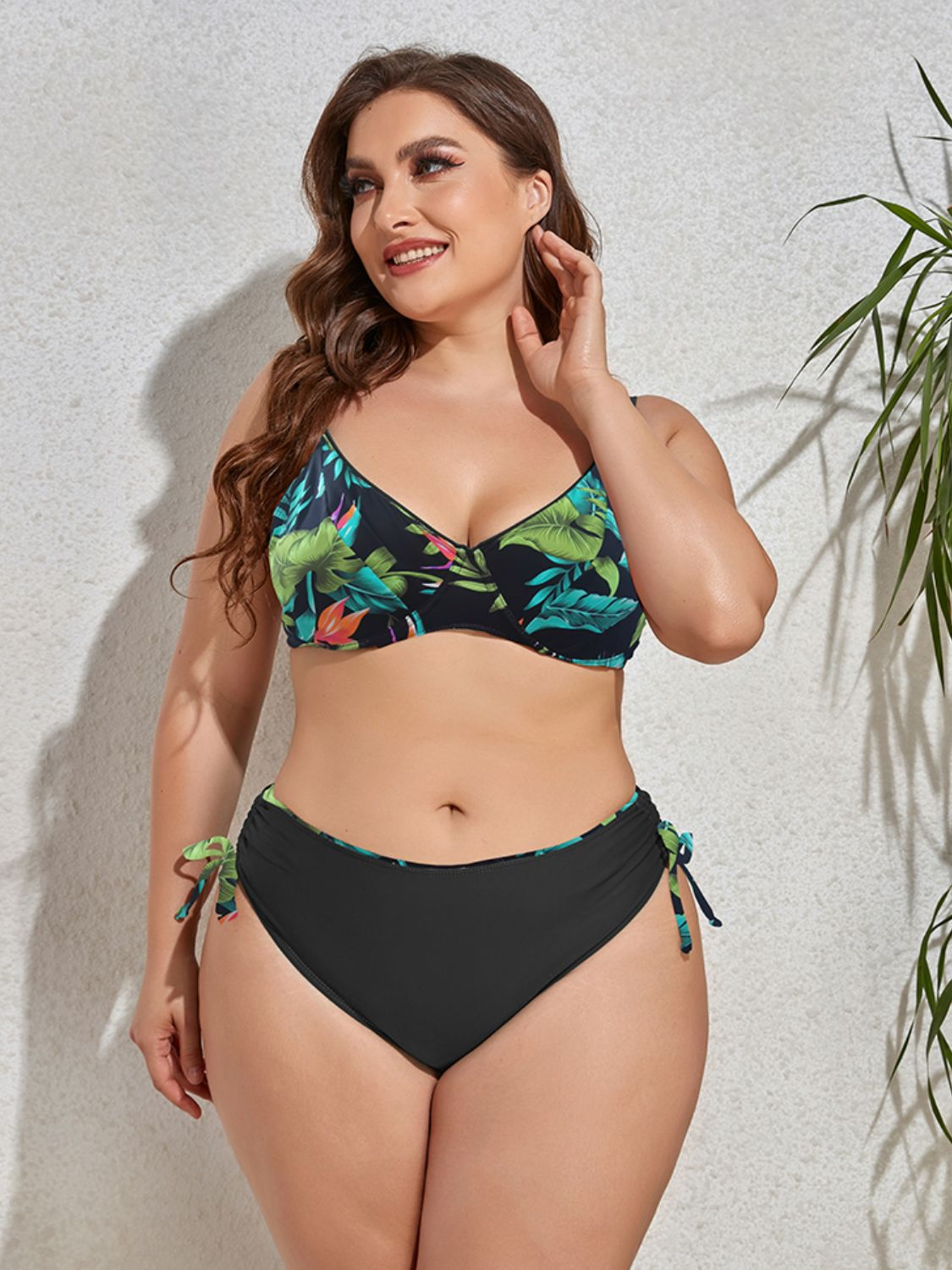 Plus Size Printed V-Neck Drawstring Bikini Set - White Stag Clothing