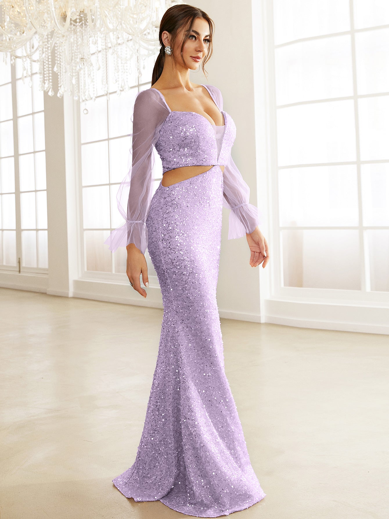 Sequin Cutout Mesh Flounce Sleeve Dress - White Stag Clothing