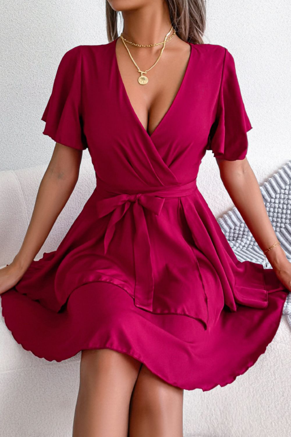 Tie Waist Flutter Sleeve Ruffled Dress - White Stag Clothing