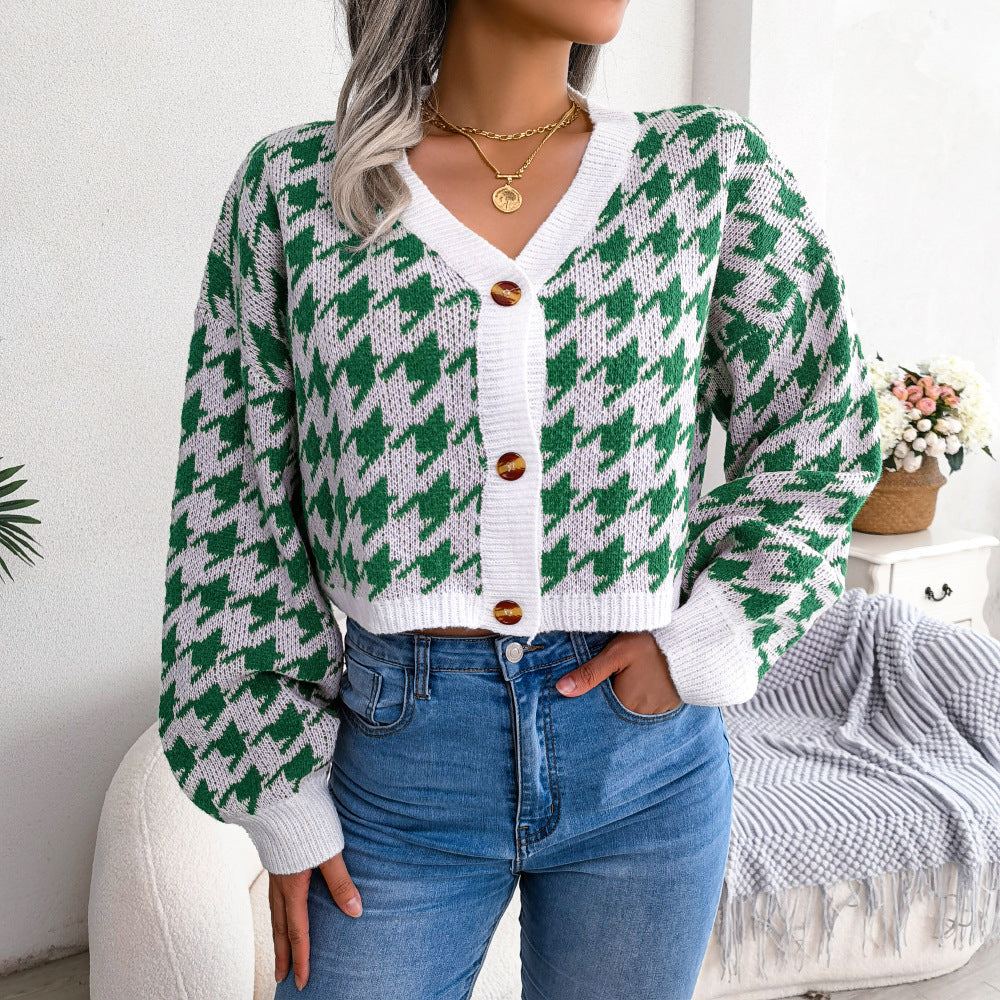 Houndstooth V-Neck Dropped Shoulder Cropped Cardigan - White Stag Clothing