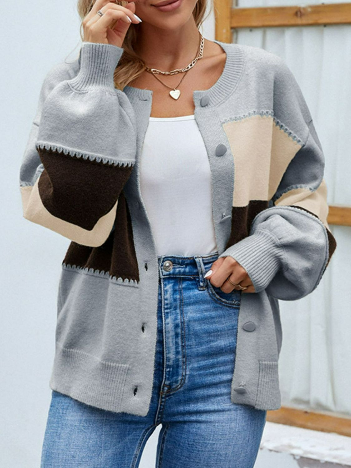 Color Block Lantern Sleeve Button Down Cardigan - White Stag Clothing