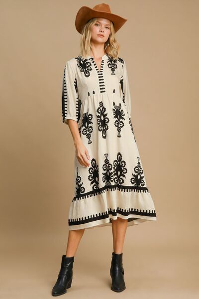 Umgee Printed Notched Midi Dress White Stag Clothing Umgee Printed Notched Midi Dress White Stag Clothing