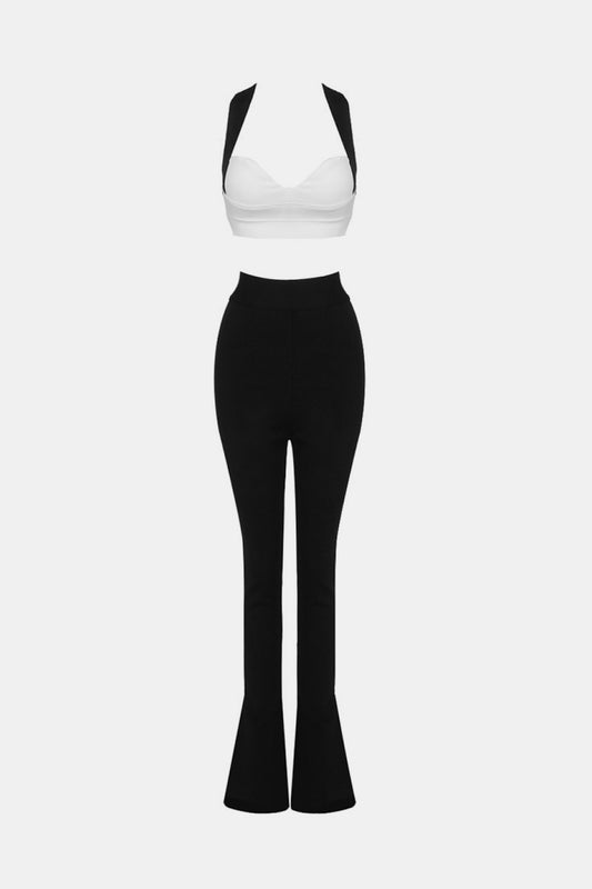 Two-Tone Crisscross Cropped Top and Slit Flare Pants Set - White Stag Clothing