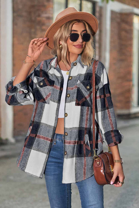 Plaid Curved Hem Shacket with Pockets - White Stag Clothing