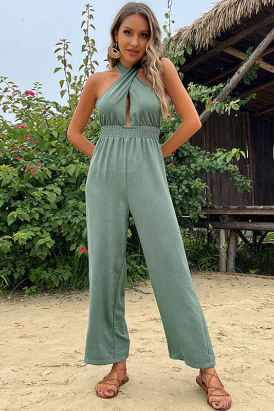 Smocked Waist Halter Neck Jumpsuit - White Stag Clothing