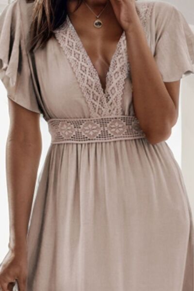 Lace Detail V-Neck Flutter Sleeve Dress