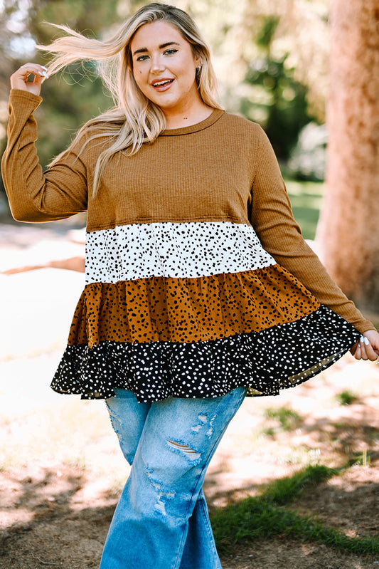 Plus Size Animal Print Color Block Ribbed Babydoll Top - White Stag Clothing
