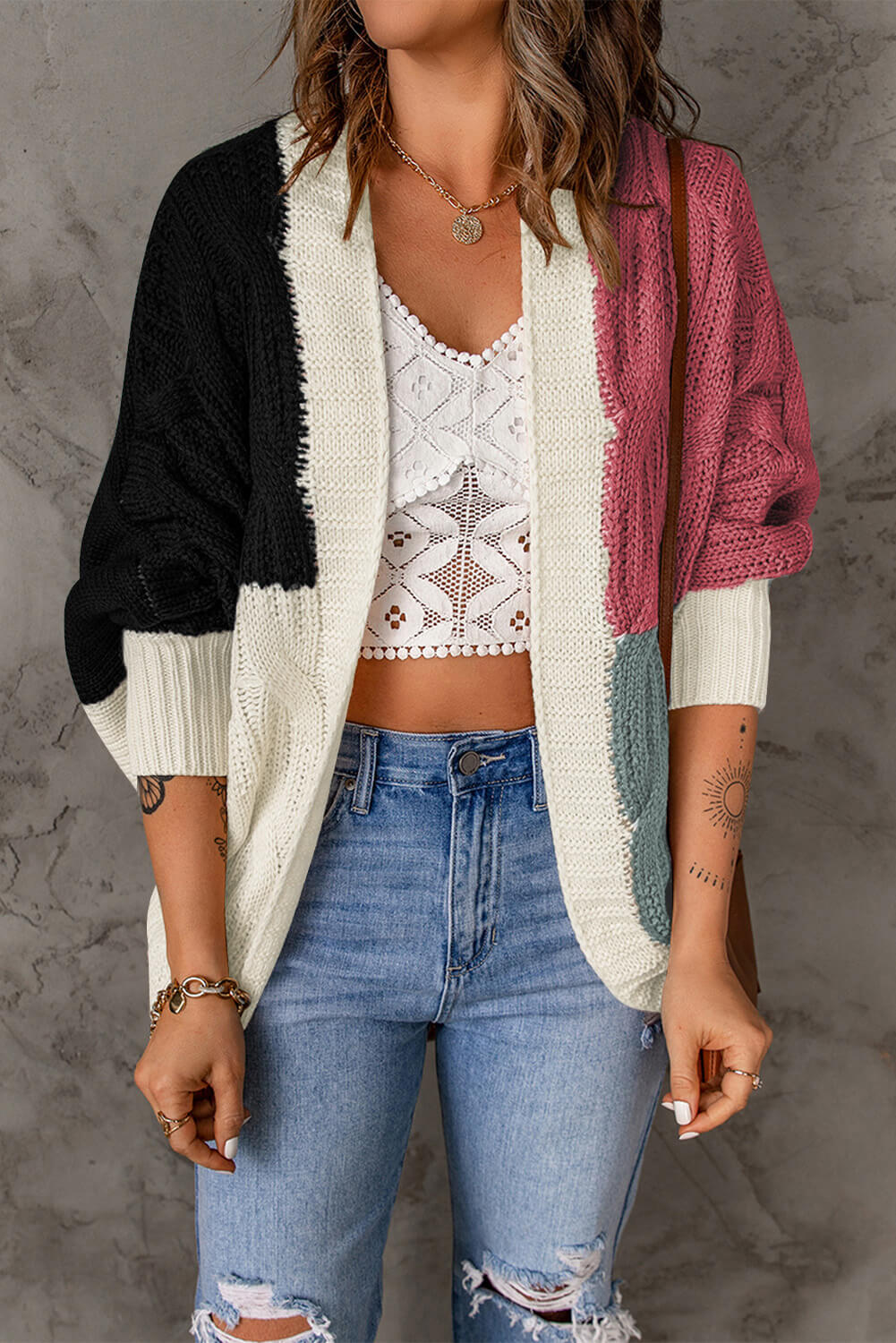 Color Block Cable-Knit Batwing Sleeve Cardigan - White Stag Clothing