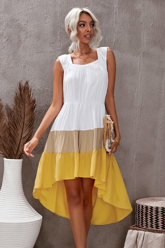Color Block Square Neck High-Low Midi Dress - White Stag Clothing