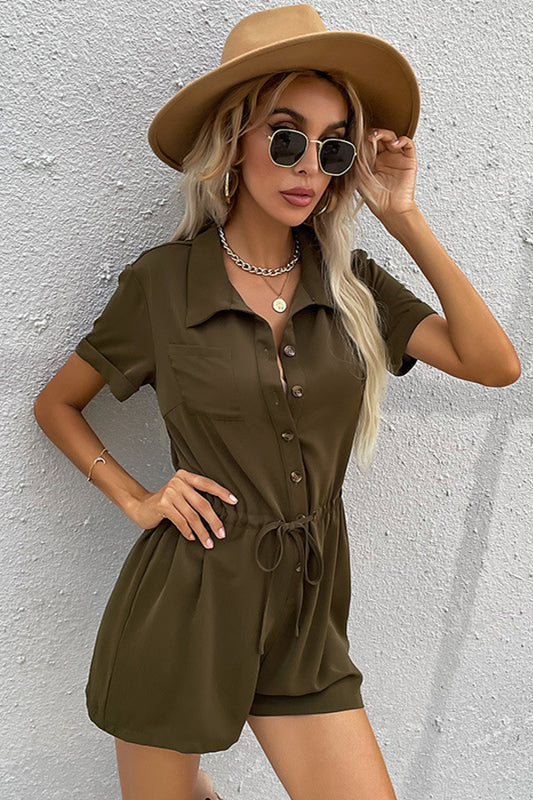 Tie Waist Button Down Collared Romper - White Stag Clothing