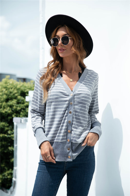 Striped Button Up V-neck Cardigan - White Stag Clothing