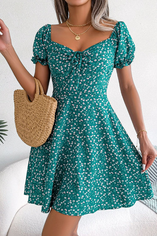 Ditsy Floral Drawstring A-Line Dress - White Stag Clothing