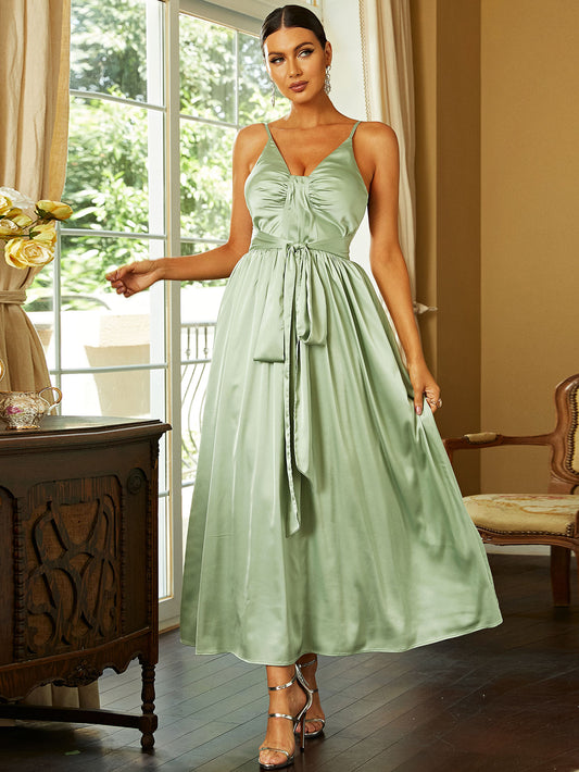 Satin Tie Waist Deep V Maxi Dress - White Stag Clothing