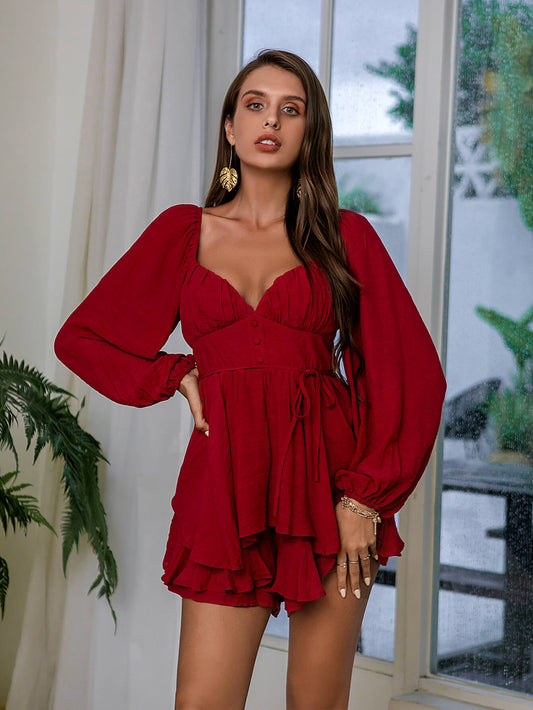 Ruffled Balloon Sleeve Smocked Back Romper - White Stag Clothing