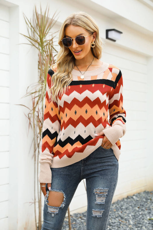 Printed Raglan Sleeve Ribbed Trim Sweater - White Stag Clothing