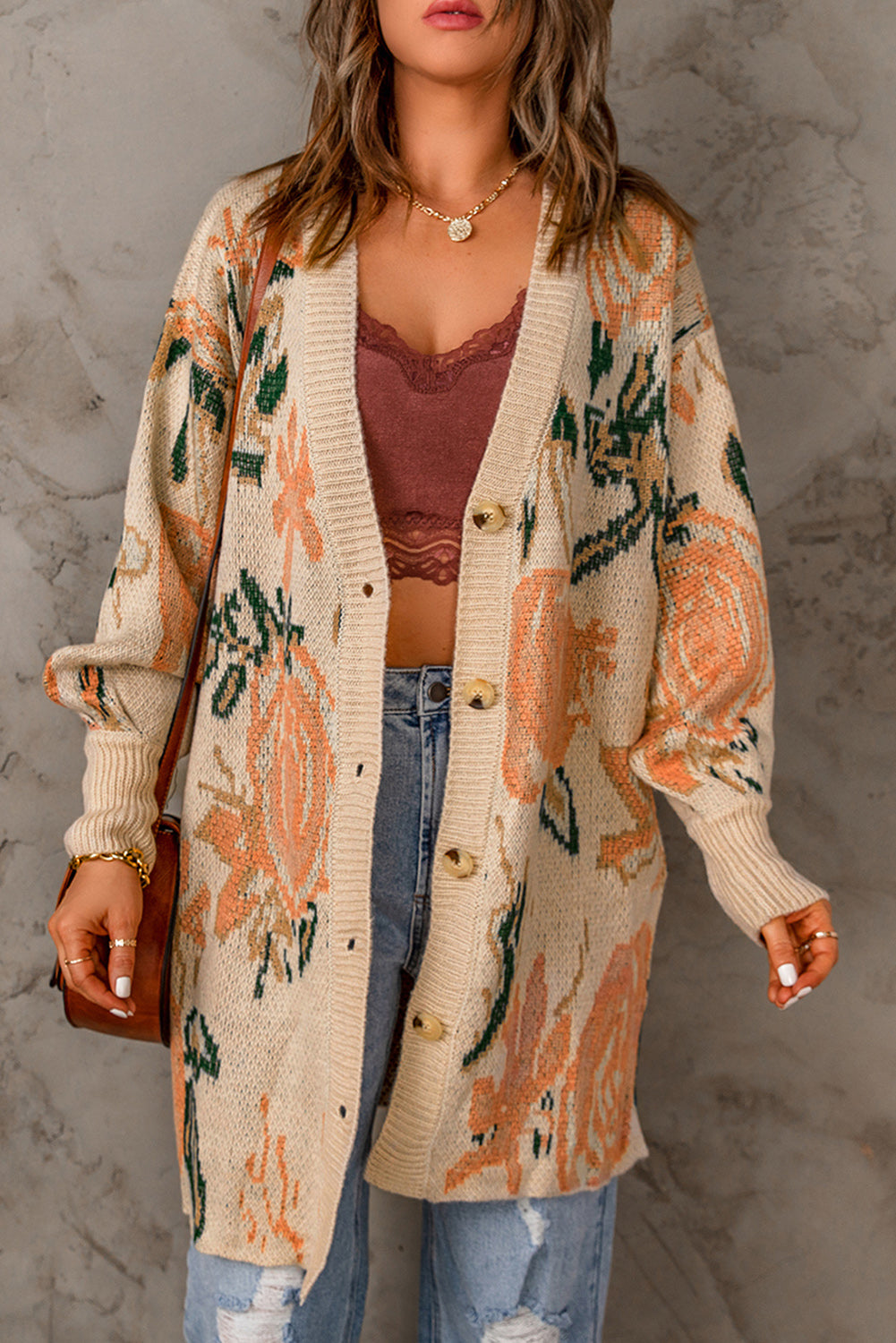 Floral Pattern Ribbed Trim Cardigan - White Stag Clothing