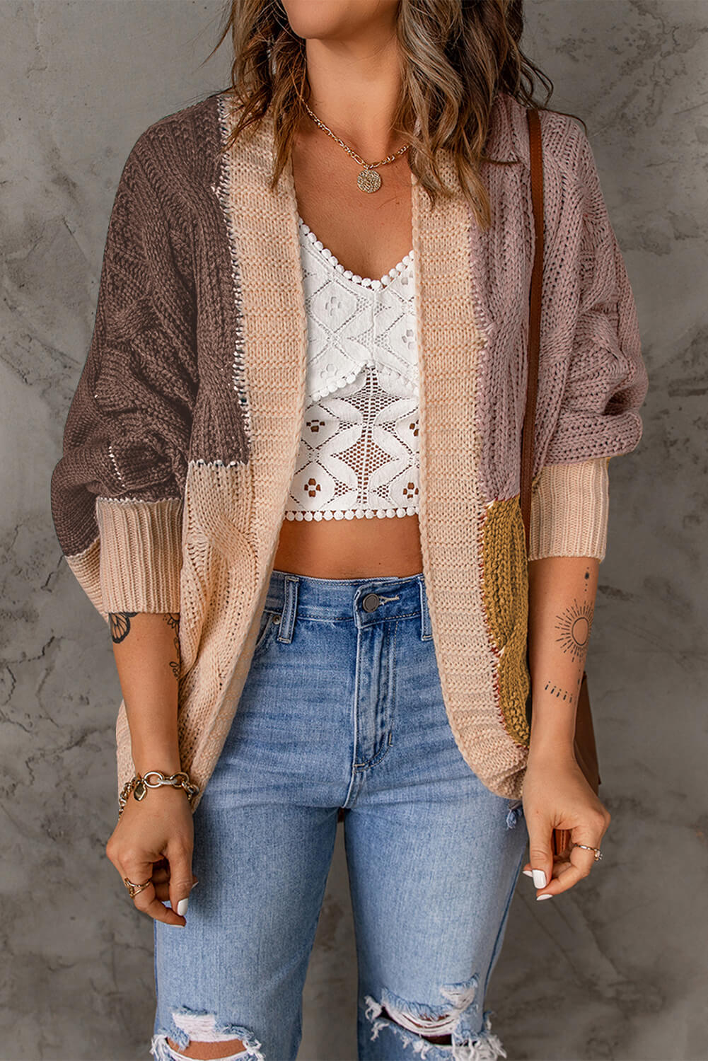 Color Block Cable-Knit Batwing Sleeve Cardigan - White Stag Clothing