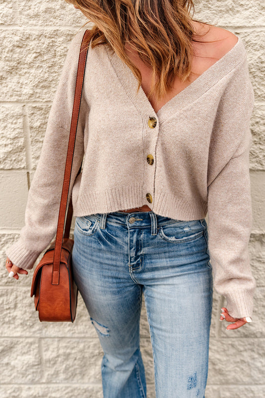 Button Down V-Neck Cropped Cardigan - White Stag Clothing