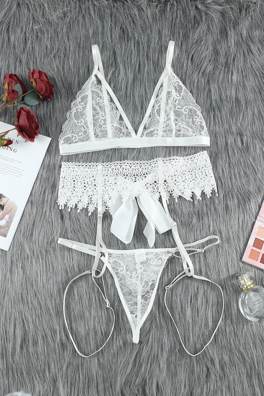 Lace Lingerie Three-Piece Set - White Stag Clothing