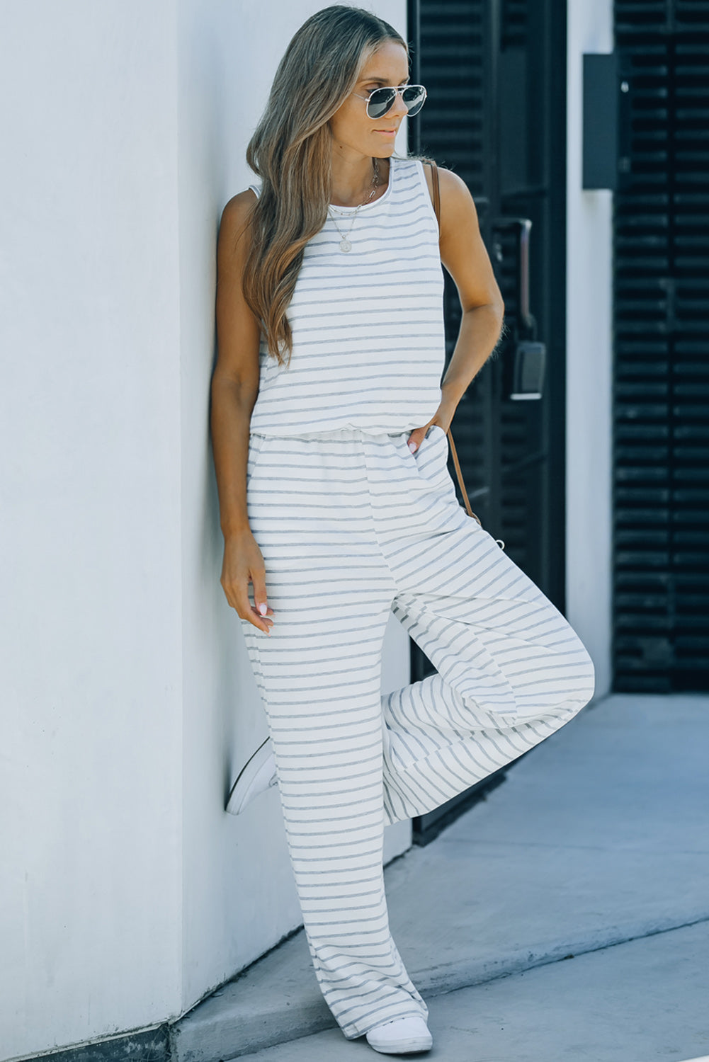 Striped Sleeveless Jumpsuit with Pockets - White Stag Clothing