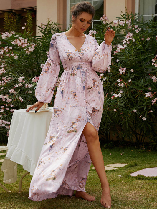 Printed Front Split V-Neck Maxi Dress - White Stag Clothing