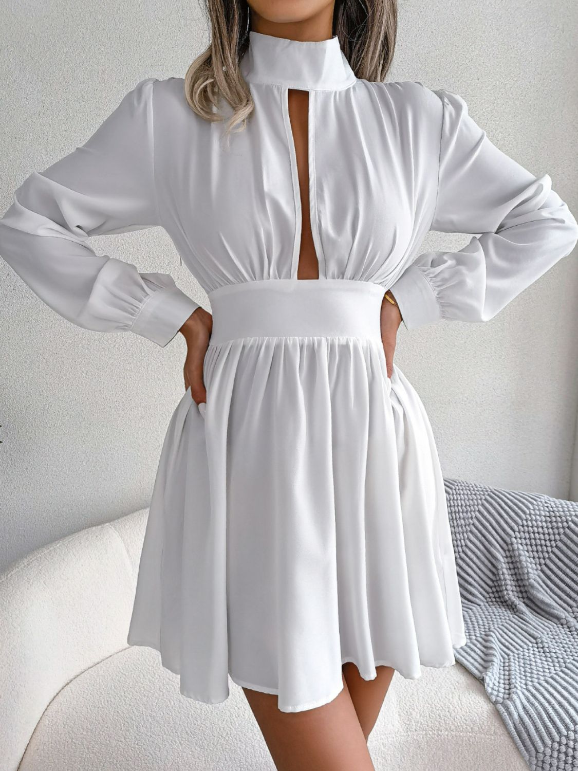 Cutout Turtleneck A-Line Mini Dress - White Stag Clothing