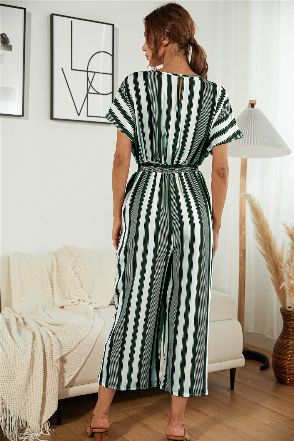 Striped V Neck Wide Leg Jumpsuit - White Stag Clothing