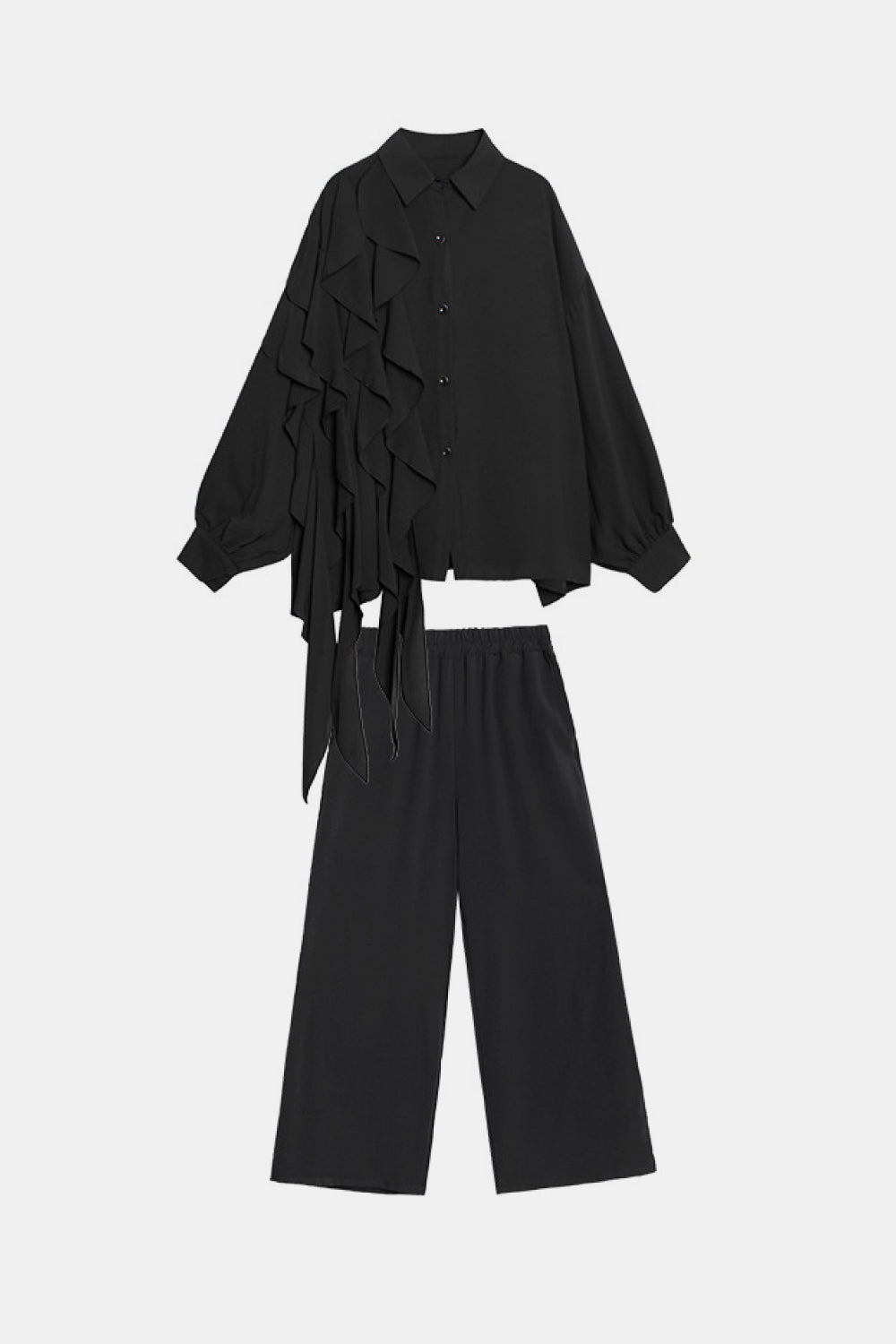 Ruffled Bishop Sleeve Top and Wide Leg Pants Set