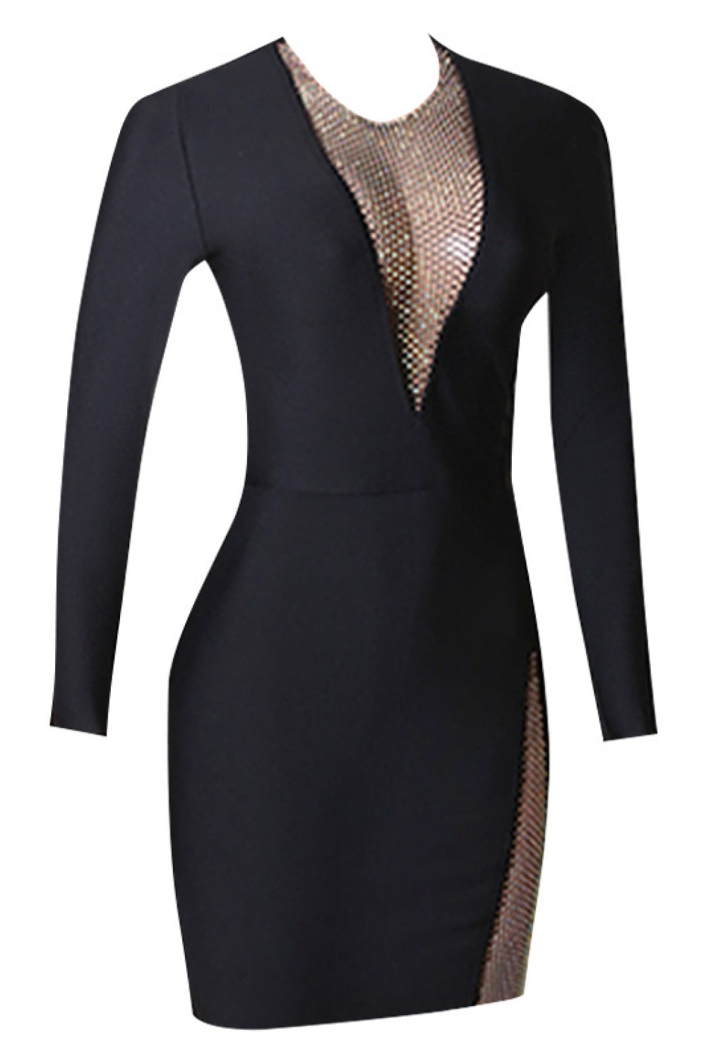 Rhinestone Spliced Mesh Long Sleeve Bodycon Dress - White Stag Clothing