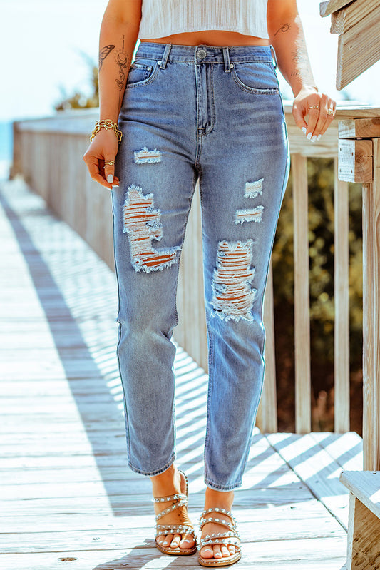 Distressed Ankle-Length Straight Leg Jeans - White Stag Clothing