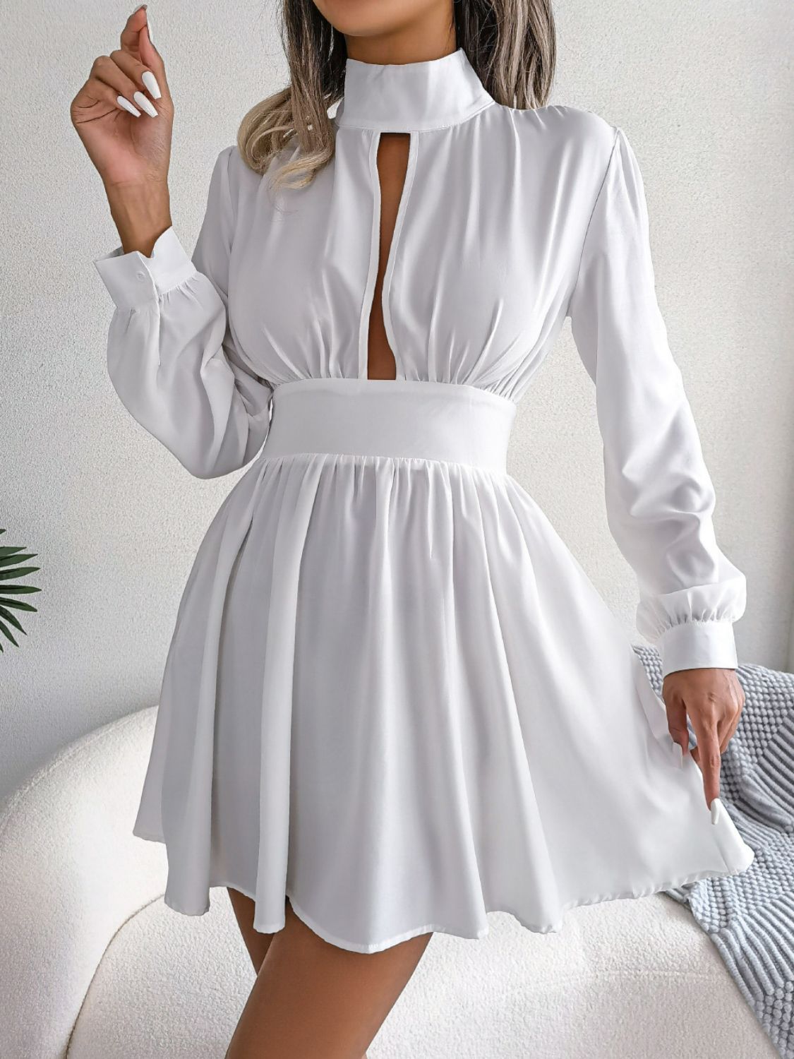 Cutout Turtleneck A-Line Mini Dress - White Stag Clothing