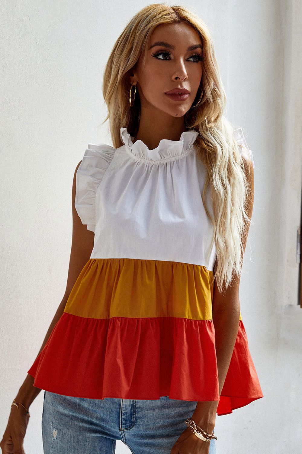 Ruffle Trim Mock Neck Sleeveless Color Block Tank Top