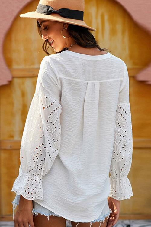 Crochet Flounce Sleeve Button Up Blouse