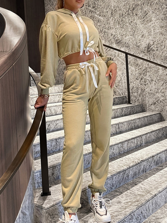 Two-Tone Drawstring Cropped Hoodie and Joggers Set - White Stag Clothing