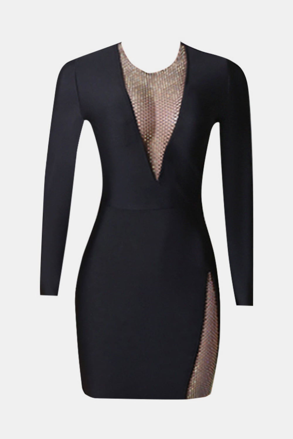 Rhinestone Spliced Mesh Long Sleeve Bodycon Dress - White Stag Clothing