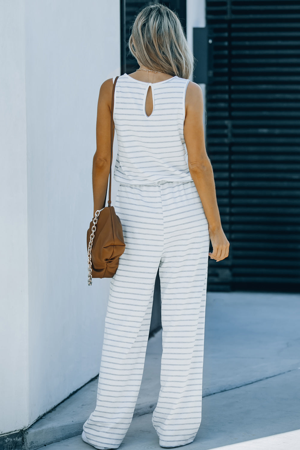 Striped Sleeveless Jumpsuit with Pockets - White Stag Clothing