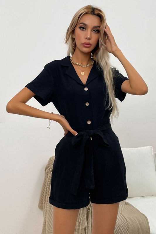 Tie Waist Cuffed Romper with Pockets - White Stag Clothing
