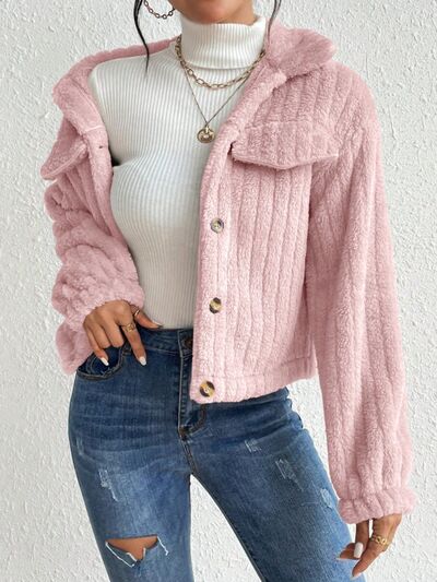 Fuzzy Button Up Collared Neck Jacket