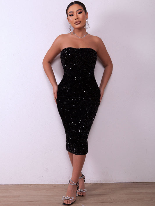 Sequin Strapless Ruched Back Slit Bodycon Dress - White Stag Clothing