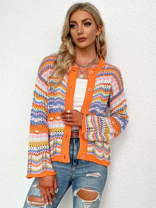 Chevron Stripes Openwork Cardigan - White Stag Clothing