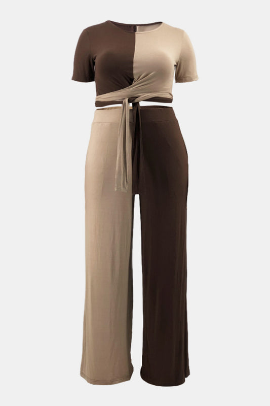 Plus Size Two-Tone Tie Front Top and Pants Set with Pockets - White Stag Clothing