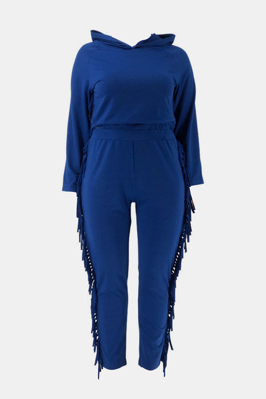 Plus Size Fringe Detail Hoodie and Sweatpants Set - White Stag Clothing