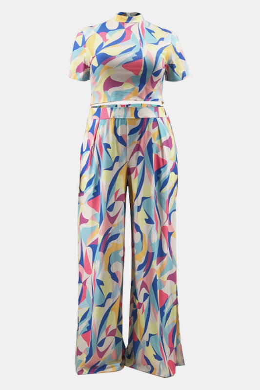 Plus Size Abstract Print Top and Wide Leg Pants Set with Pockets - White Stag Clothing