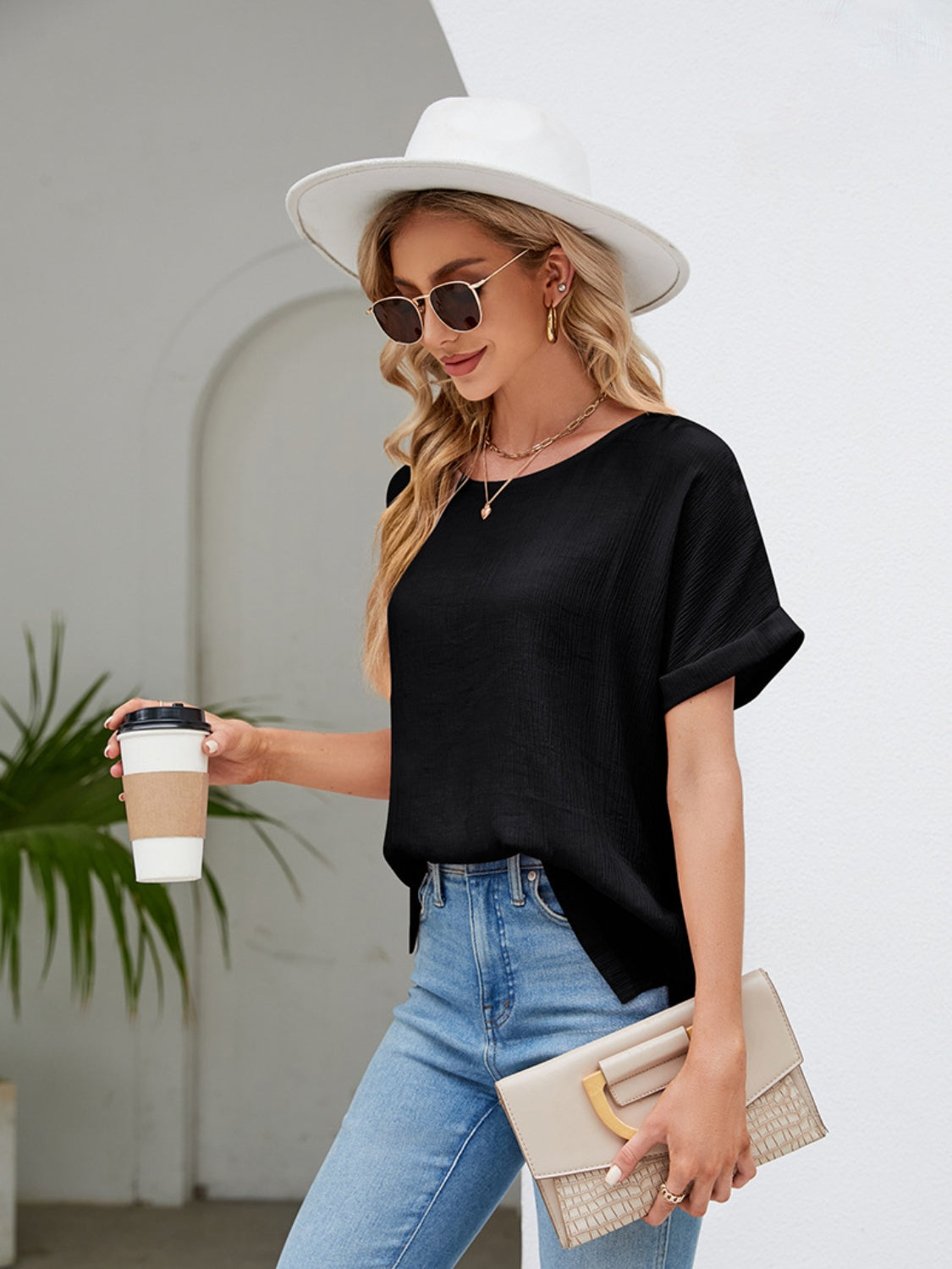 Round Neck Short Sleeve Blouse