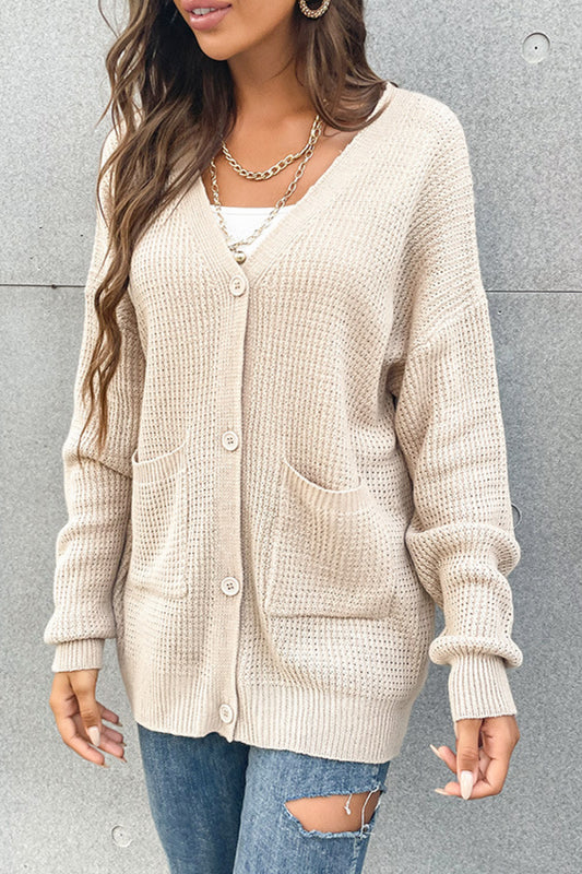 Button Front Drop Shoulder Waffle Cardigan - White Stag Clothing