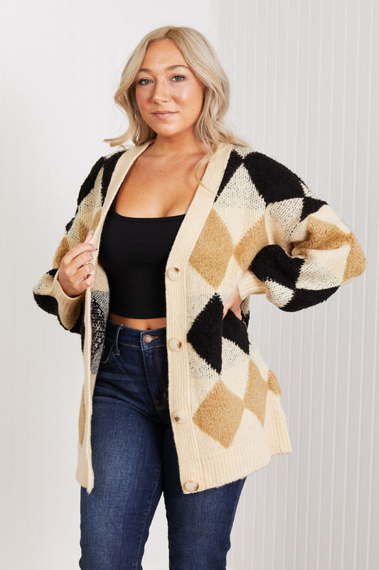 CY Fashion Know-It-All Full Size Argyle Longline Cardigan - White Stag Clothing