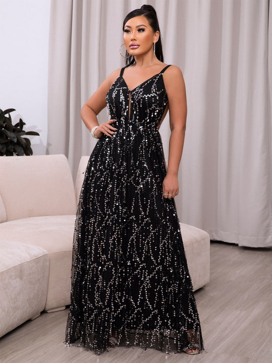Sequin Tied Backless Spaghetti Strap Mesh Maxi Dress - White Stag Clothing