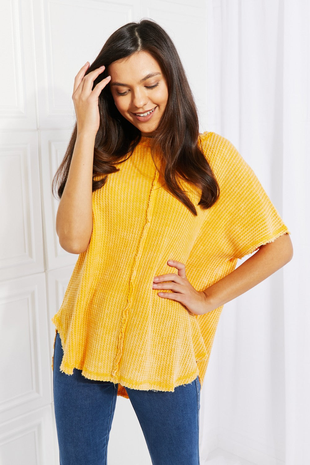 Start Small Washed Waffle Knit Top in Yellow Gold