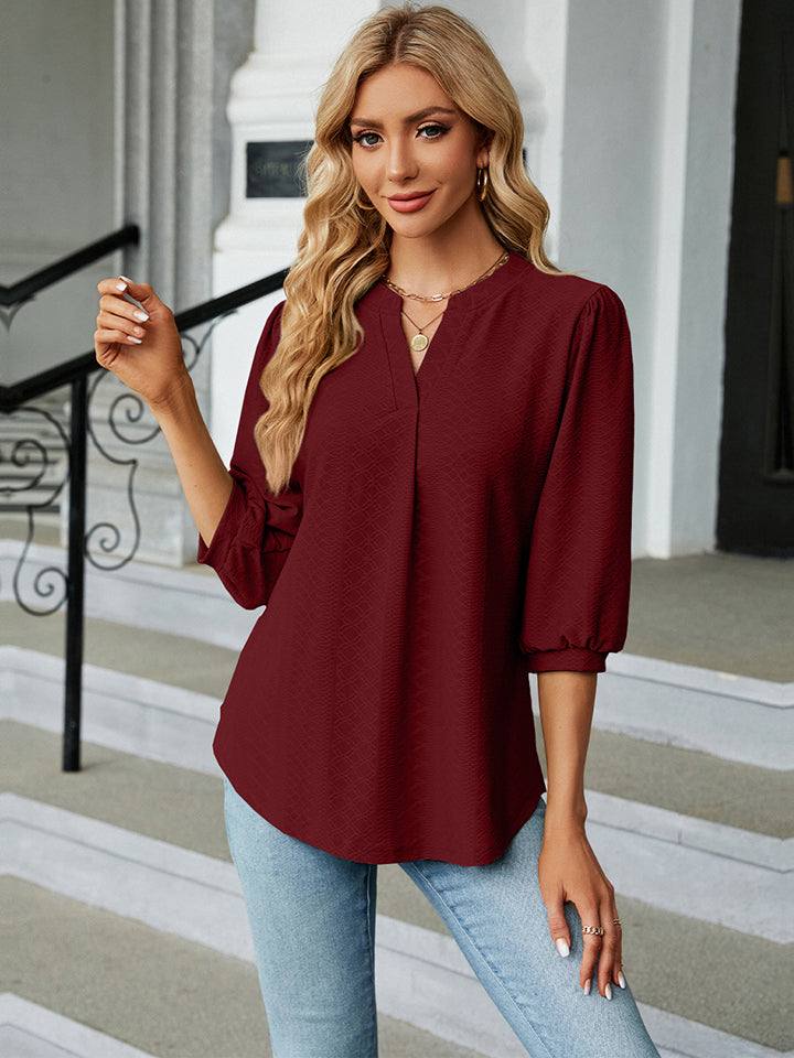 Notched Neck Three-Quarter Sleeve Blouse